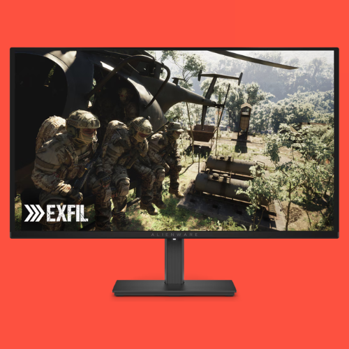 Alienware AW2726DM monitor on a red background