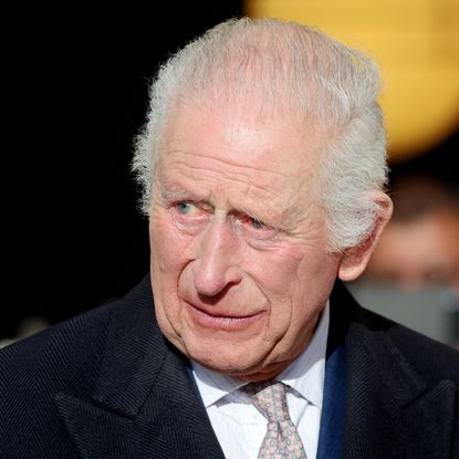 King Charles wearing a blue coat and a pink tie looking to the left with a worried expression 