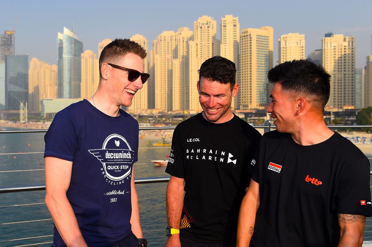 UAE Tour 2020 2nd Edition Top Riders Photo Shooting and Press Conference 22022020 Sam Bennett IRL Deceuninck Quick Step Caleb Ewan AUS Lotto Soudal Mark Cavendish GBR Bahrain McLaren photo Dario BelingheriBettiniPhoto2020