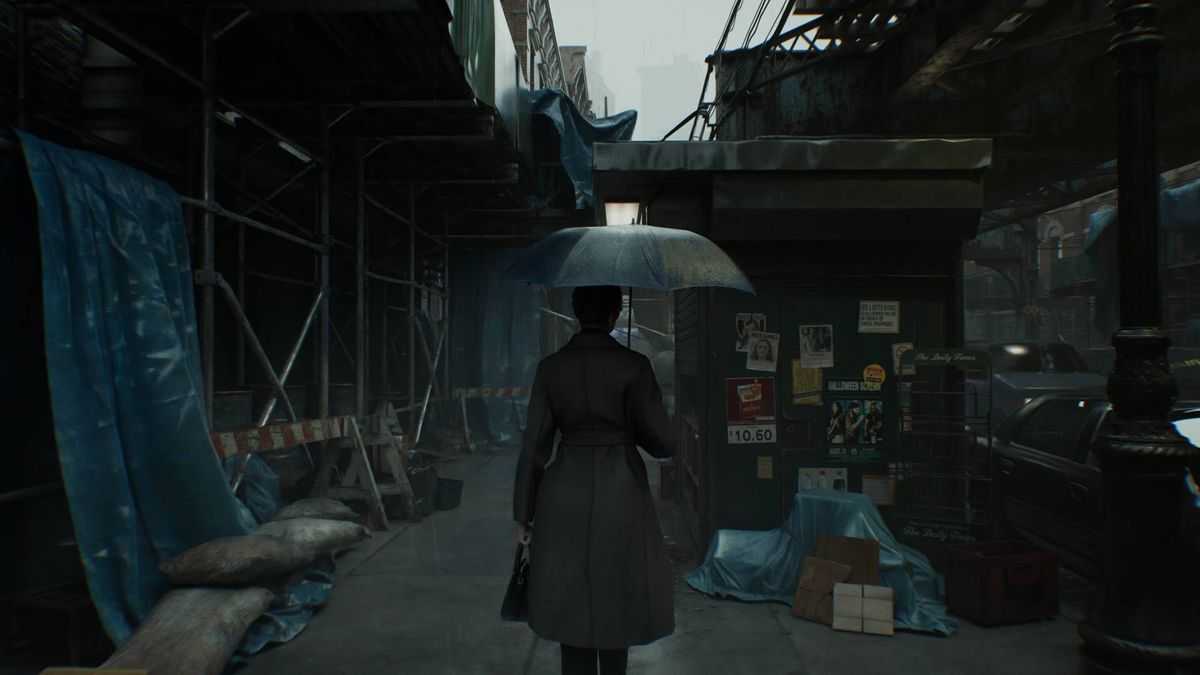 Resident Evil Requiem screenshot of NPC in street with umbrella and Ray Reconstruction/Path Tracing switched on.