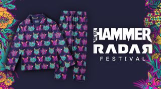 Pyjamas with neon-colour kittens on them, next to graphics for Metal Hammer and Radar Festival