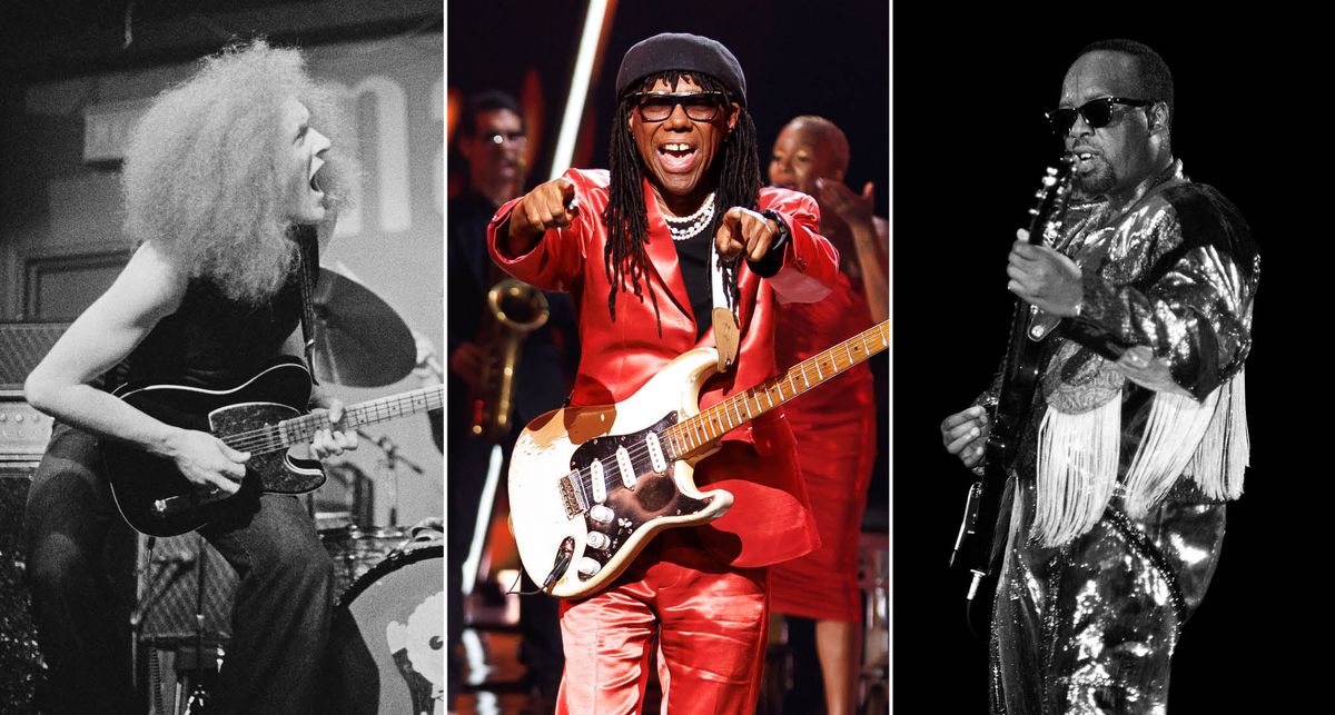 Three funk guitar maestros [l-r]: Hamish Stuart of Average White Band crouches down to play his Telecaster; Nile Rodgers of Chic gives the audience some love; and Claydes Charles Smith of Kool and the King holds it down with sunglasses on in an archive B/W live shot.