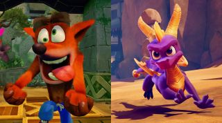 Split image with a goofy Crash Bandicoot (left) and a Spyro The Dragon running (right)