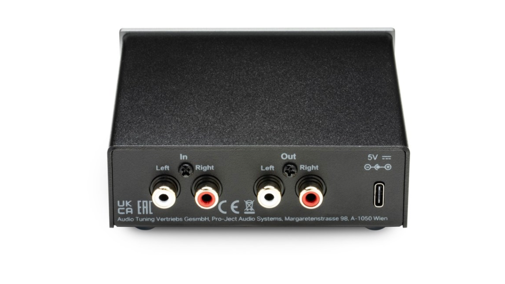 Rear view of the Pro-Ject Head Box E headphone amplifier against a white background