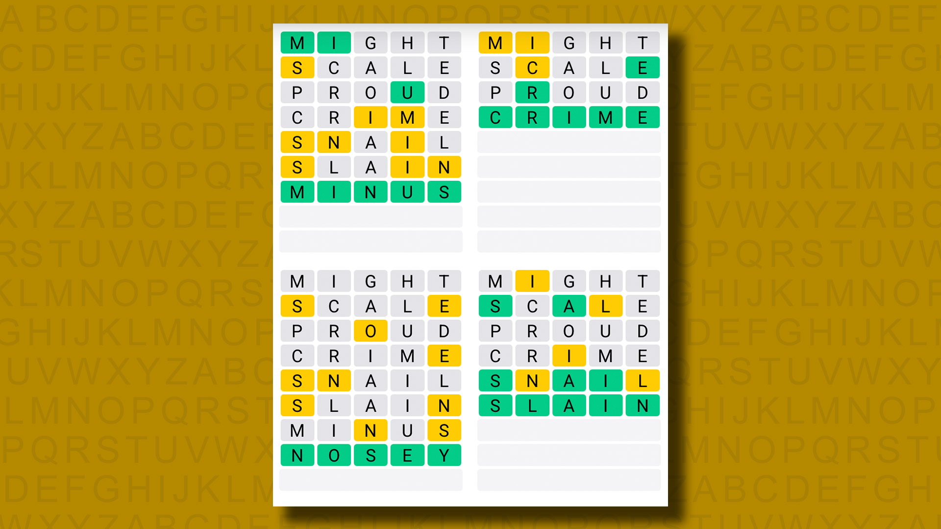 Quordle answers for game 1201 on a yellow background