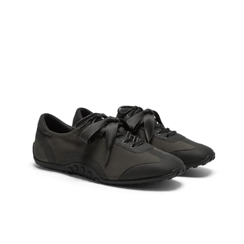 Vivaia Carol Women's Square Toe Jogger Sneakerina Comfortable Satin Fahion Ballet Sneakers Barefoot-Like Non Slip Walking Shoes for Daily Dress Amber Brown &amp;amp; Black Size 7.5