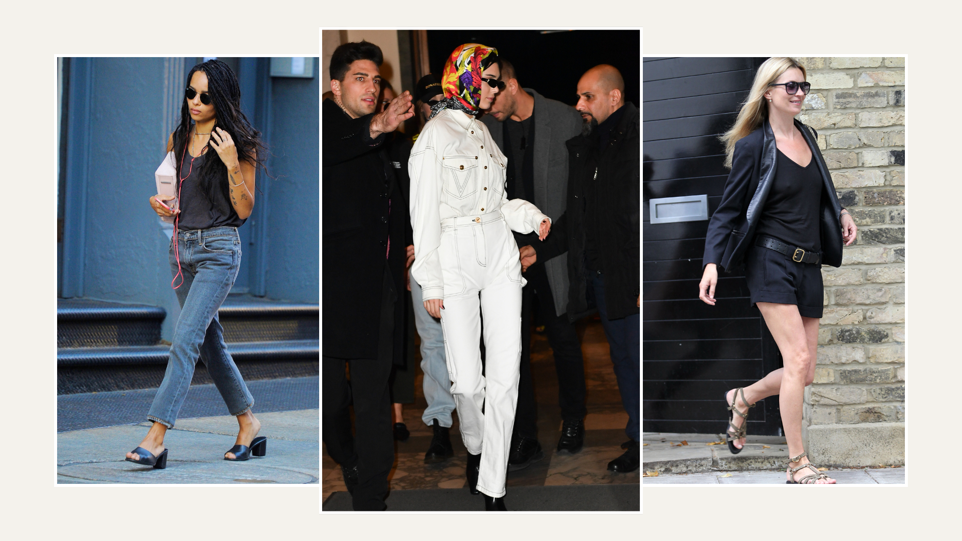 Kendall Jenner, Zoe Kravitz and Kate Moss wearing 2010s summer outfits.