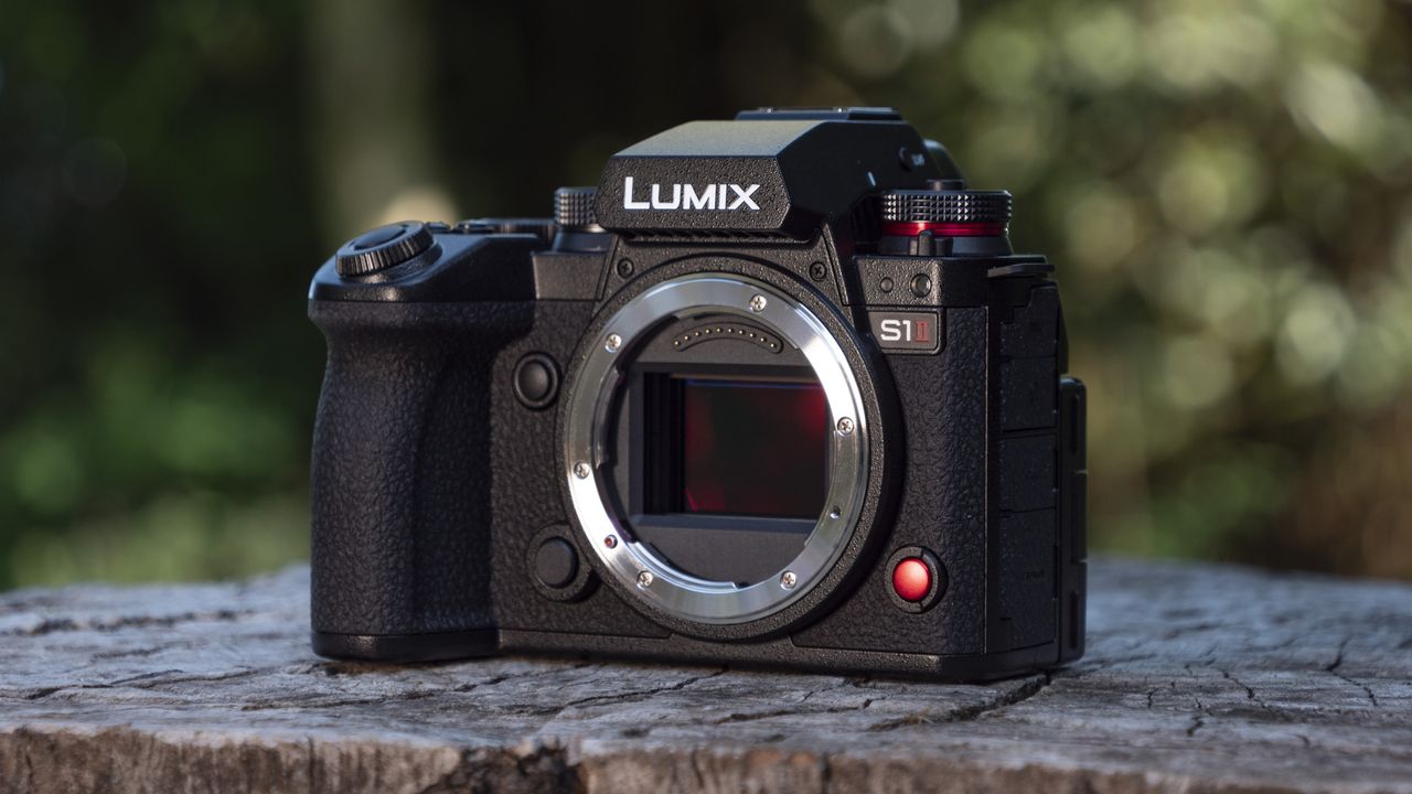 Panasonic Lumix S1 II mirrorless camera outdoors on a wooden surface
