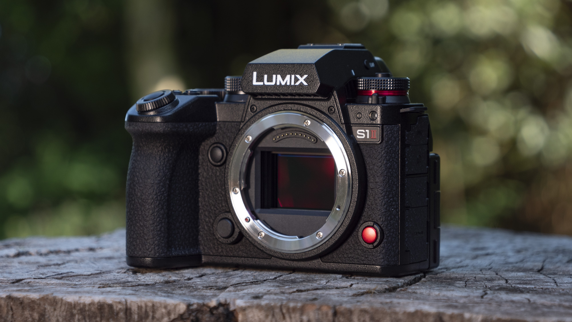 Panasonic Lumix S1 II mirrorless camera outdoors on a wooden surface