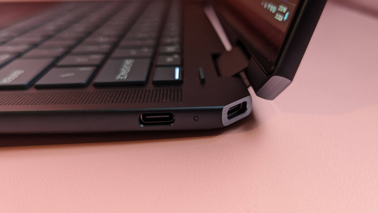 Back corner of HP Spectre x360 14 2024 showing USB-C ports on side and corner of laptop