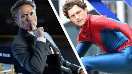 A collage of Robert Downey Jr sitting down and shushing the camera, and Tom Holland on the Spider-Man: Brand New Day set