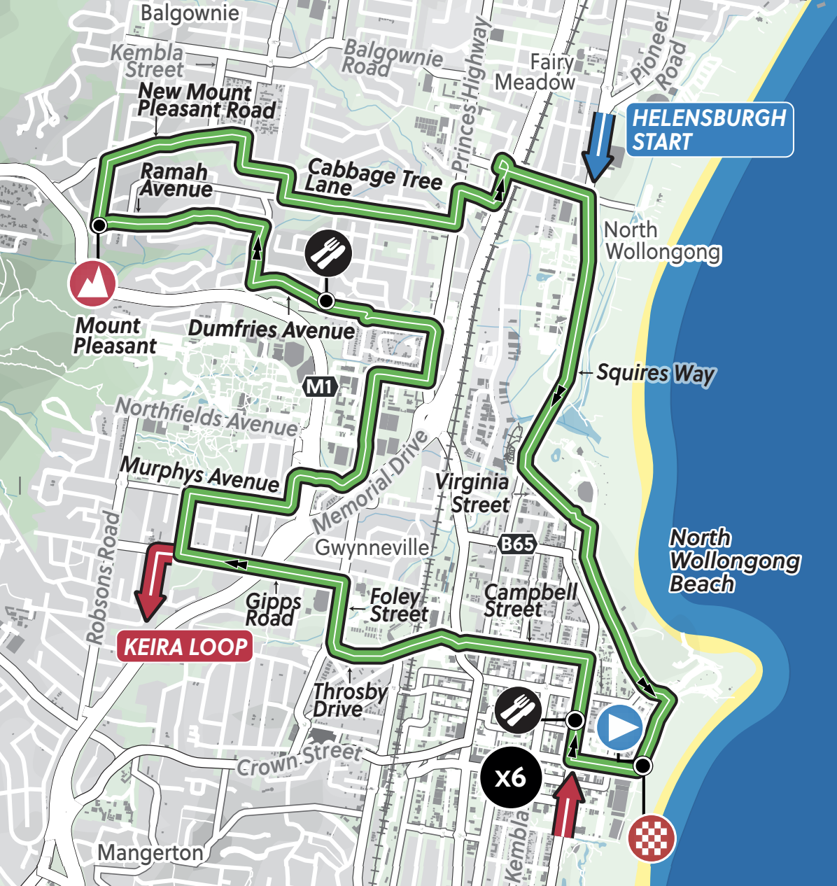 Route map of Wollongong City Circuits for elite women's and men's road races at 2022 UCI Road World Championships