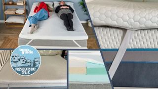 The image shows a collage of different mattress toppers pictures on a white mattress. Overlaid on top is a Tom's Guide Presidents' Day deal badge