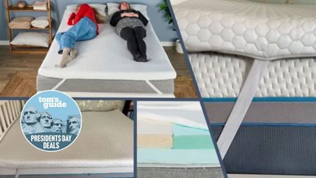 The image shows a collage of different mattress toppers pictures on a white mattress. Overlaid on top is a Tom's Guide Presidents' Day deal badge