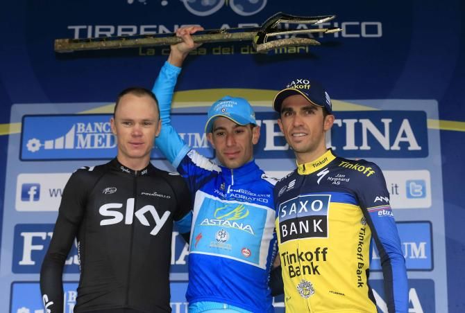 Vincenzo Nibali (Astana) wields the trident over the heads of Chris Froome (Sky) and Alberto Contador (Saxo-Tinkoff).