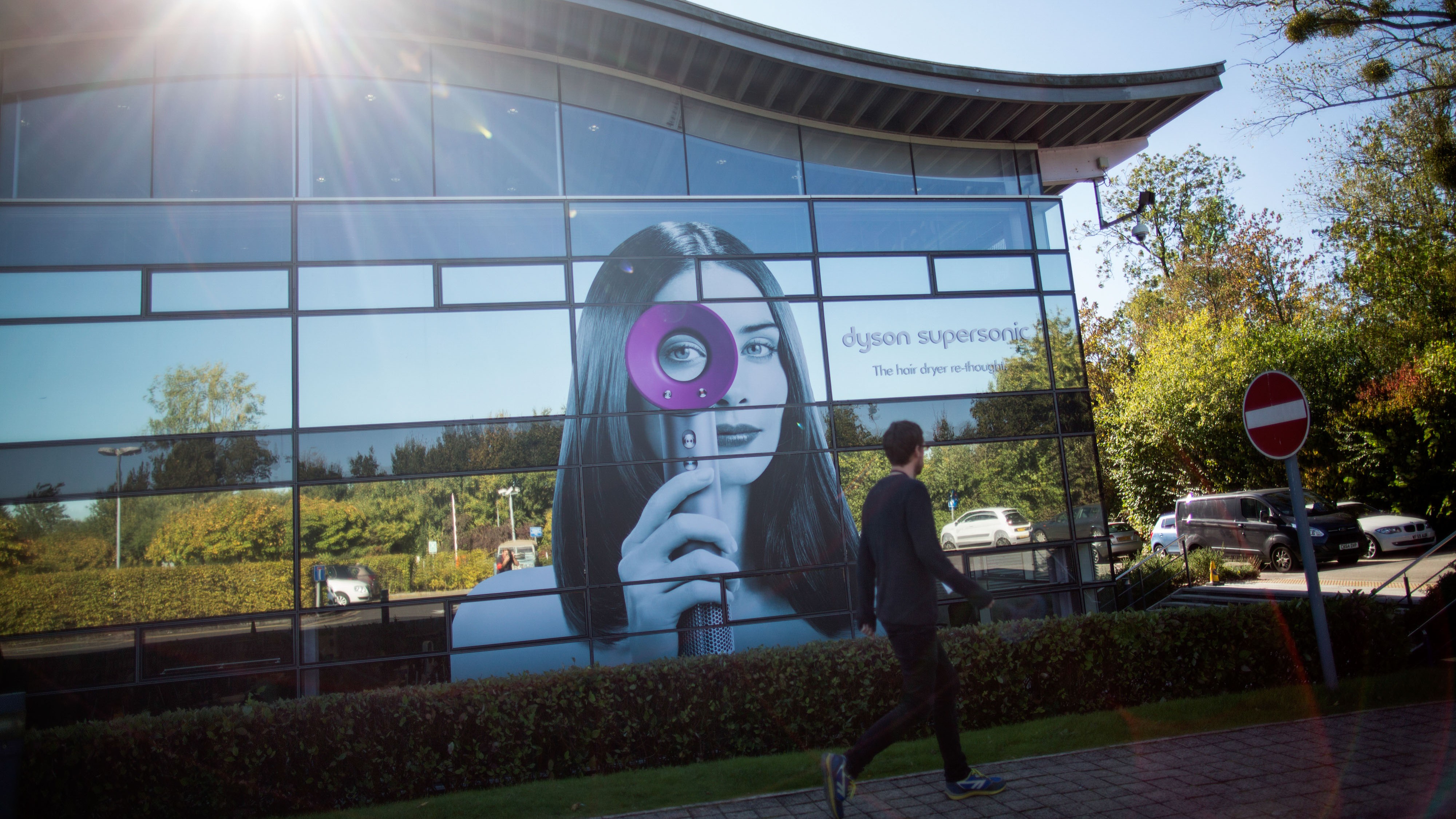 Building at Dyson's campus in Malmesbury, with picture of Dyson Supersonic hairdryer on the side