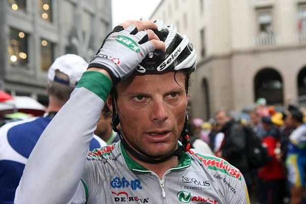 Danilo Di Luca looking a bit soggy after a long, wet stage.