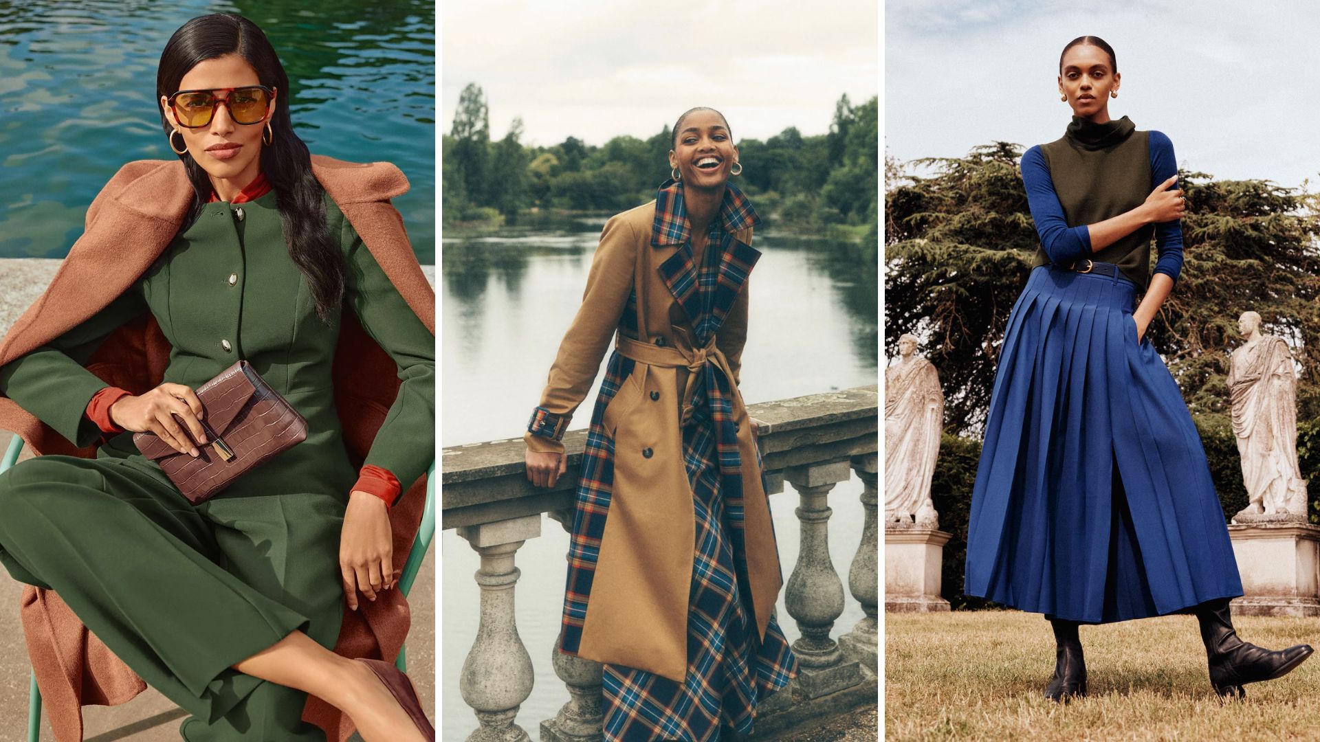 Three models wearing looks from Phase Eight, Boden, ME+EM