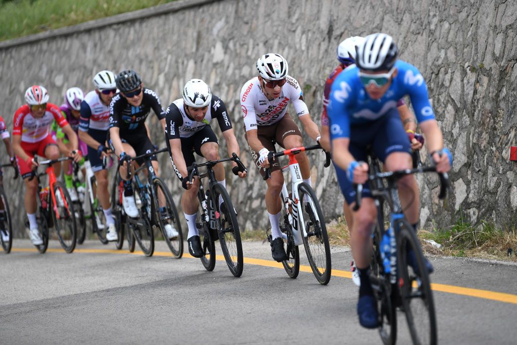 GUARDIA SANFRAMONDI ITALY MAY 15 Victor Campenaerts of Belgium and Team Qhubeka Assos Geoffrey Bouchard of France and AG2R Citren Team during the 104th Giro dItalia 2021 Stage 8 a 170km stage from Foggia to Guardia Sanframondi 455m girodiitalia Giro UCIworldtour on May 15 2021 in Guardia Sanframondi Italy Photo by Tim de WaeleGetty Images