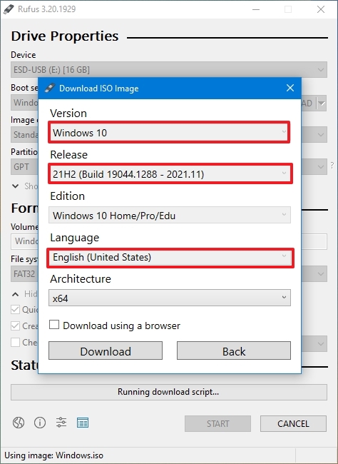Параметры загрузки Rufus Windows 10 ISO