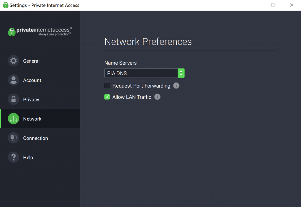 PIA's network preferences menu