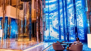 Samsung's The Wall at a luxury Dubai resort lobby oozing in blue colors.