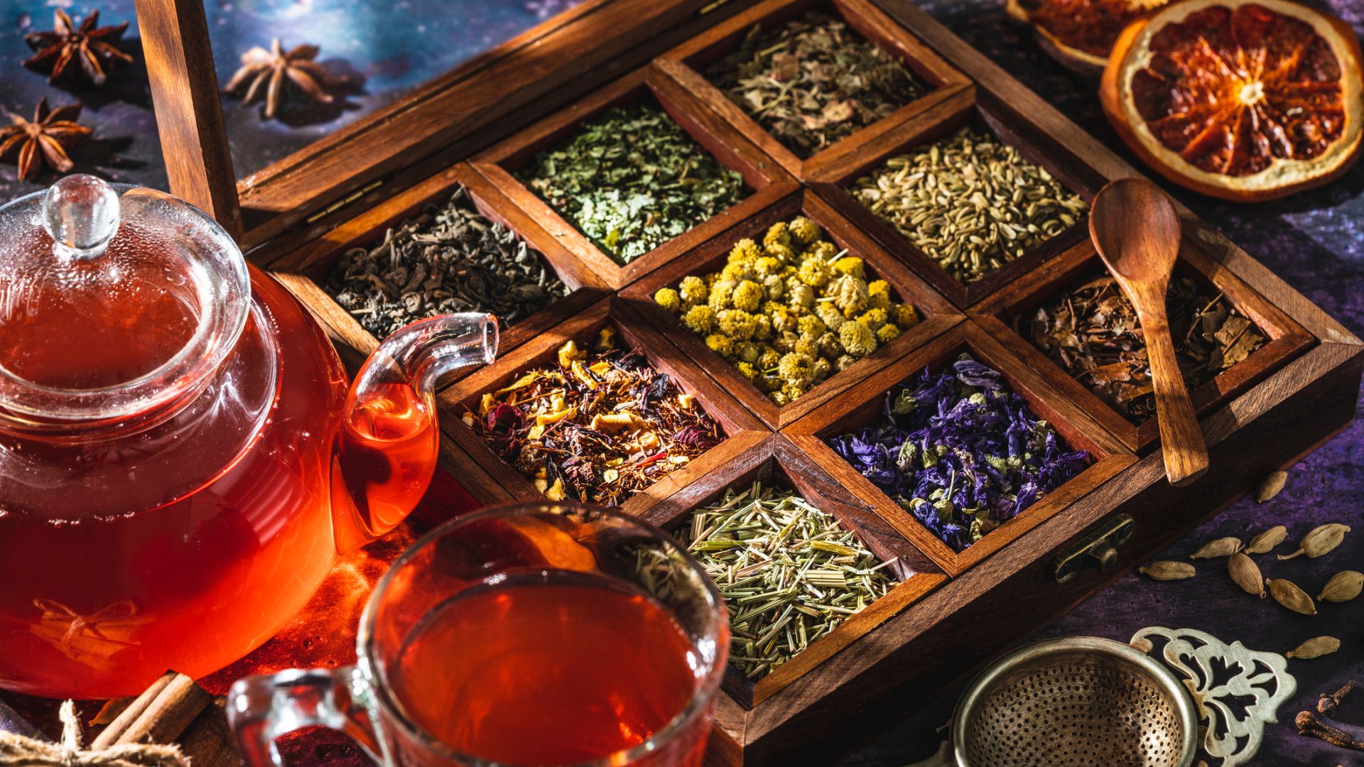 A selection of tea leaves and spices