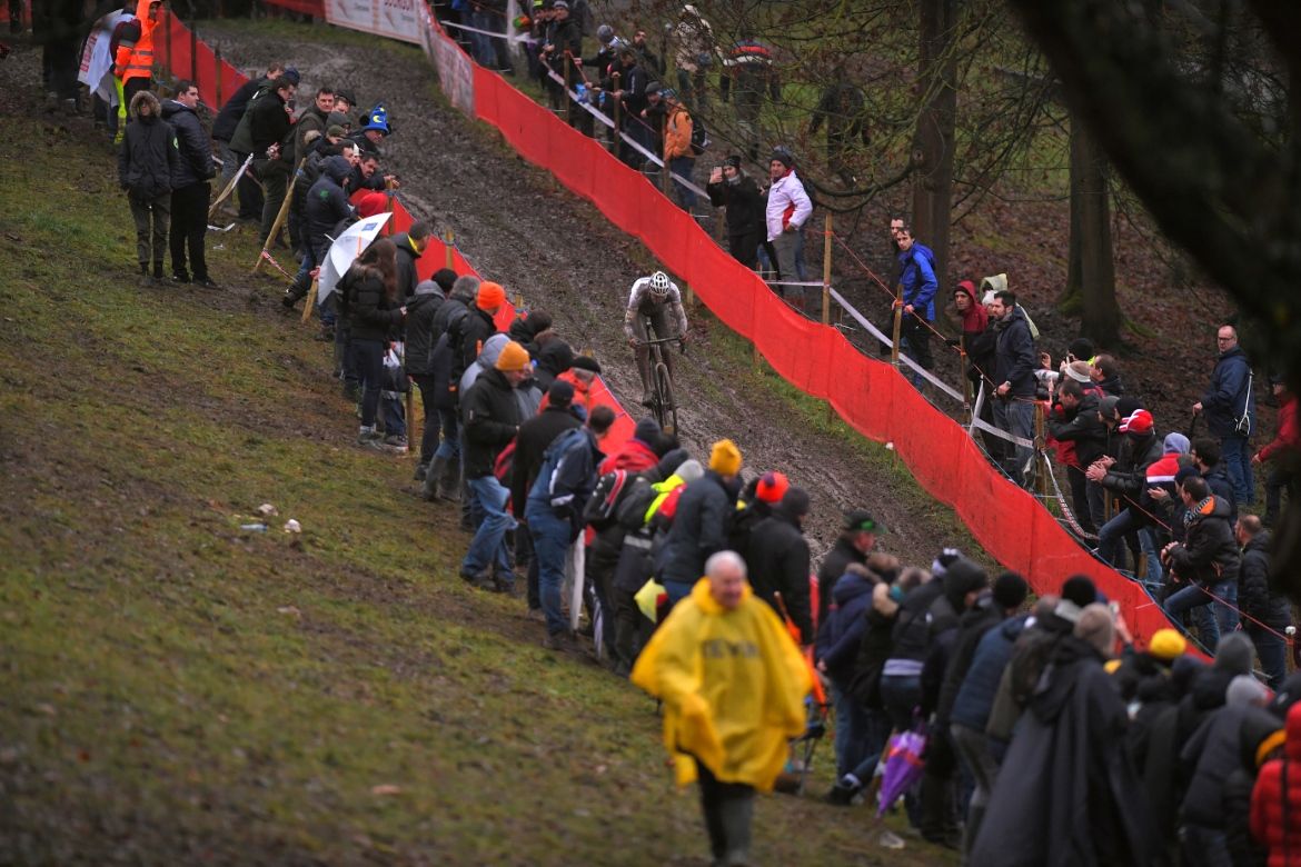 Mathieu van der Poel makes his way through the mud