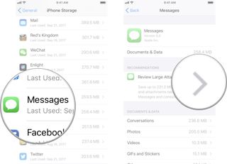 Review large attachments in iPhone Storage: Tap Messages and then tap Review Large Attachments.