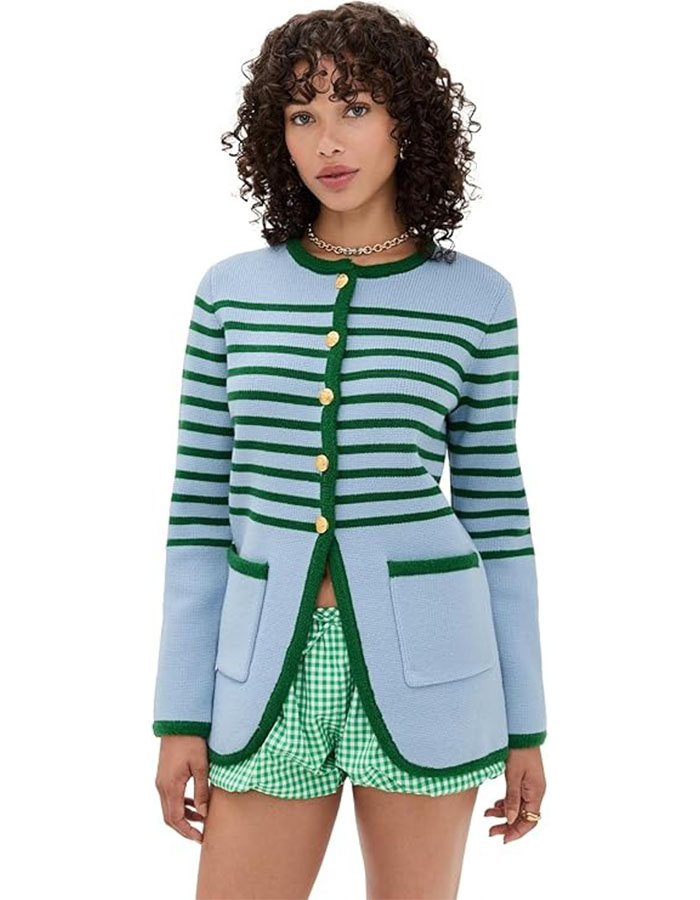 English Factory Women's Knit Striped Sweater Cardigan, Ice Blue/green, S