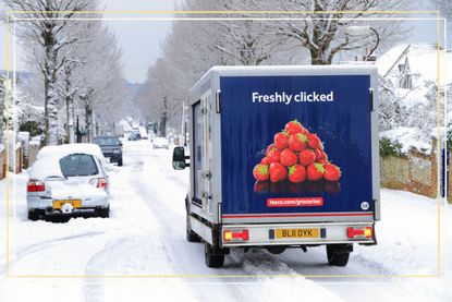 When does Tesco release its Christmas delivery slots as illustrated by a Tesco supermarket shopping groceries delivery van vehicle delivering food in the snow 