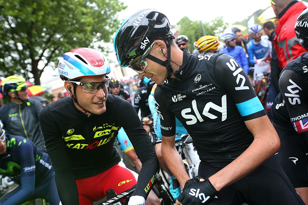 Jacopo Guarnieri perhaps apologising to Chris Froome for the nudge on stage 4
