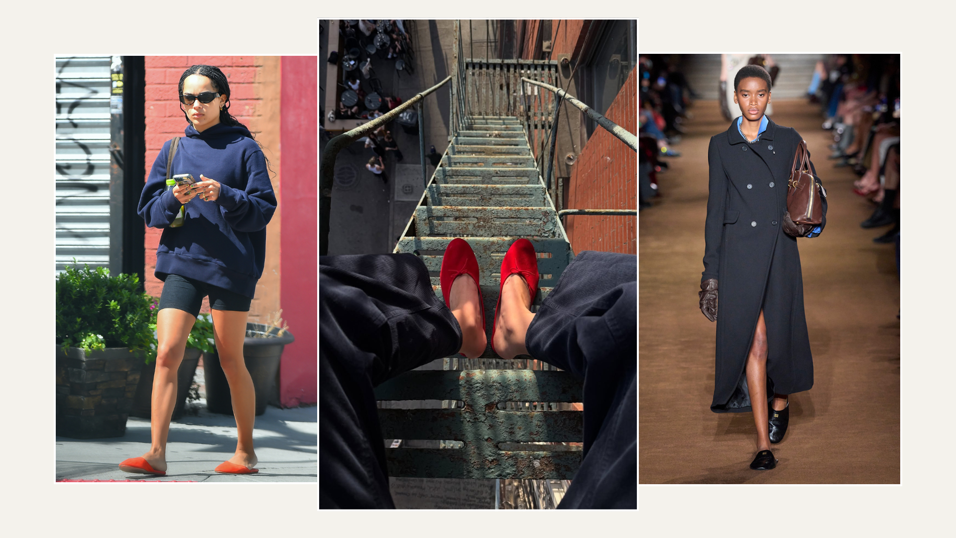 An image of the slipper shoe trend, as seen on Zoe Kravitz and Miu Miu's runway.
