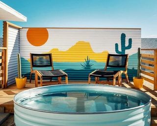 above ground pool with painted backdrop