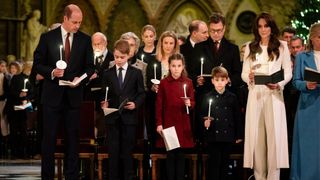 Prince William, Prince of Wales, Prince George, Princess Charlotte, Prince Louis and Catherine, Princess of Wales during the Royal Carols - Together At Christmas service at Westminster Abbey on December 8, 2023