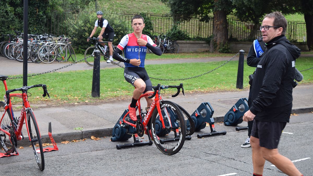 Team Wiggins' Tom Pidcock warms up ahead of the short 120km stage in Bristol