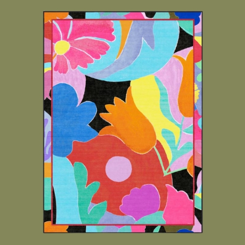 Image of a bright, multicolored floral print rug on an olive green back ground.