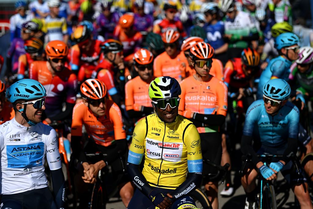 NOVELDA SPAIN FEBRUARY 02 LR Samuele Battistella of Italy and Astana Qazaqstan Team White Best Young Rider Jersey and Biniam Girmay of Eritrea and Team Intermarche Circus Wanty Yellow Leader Jersey prior to the 74th Volta a la Comunitat Valenciana 2023 Stage 2 a 1782km stage from Novelda to Alto de Pinos 621m VCV2023 VoltaValenciana on February 02 2023 in Novelda Spain Photo by Dario BelingheriGetty Images