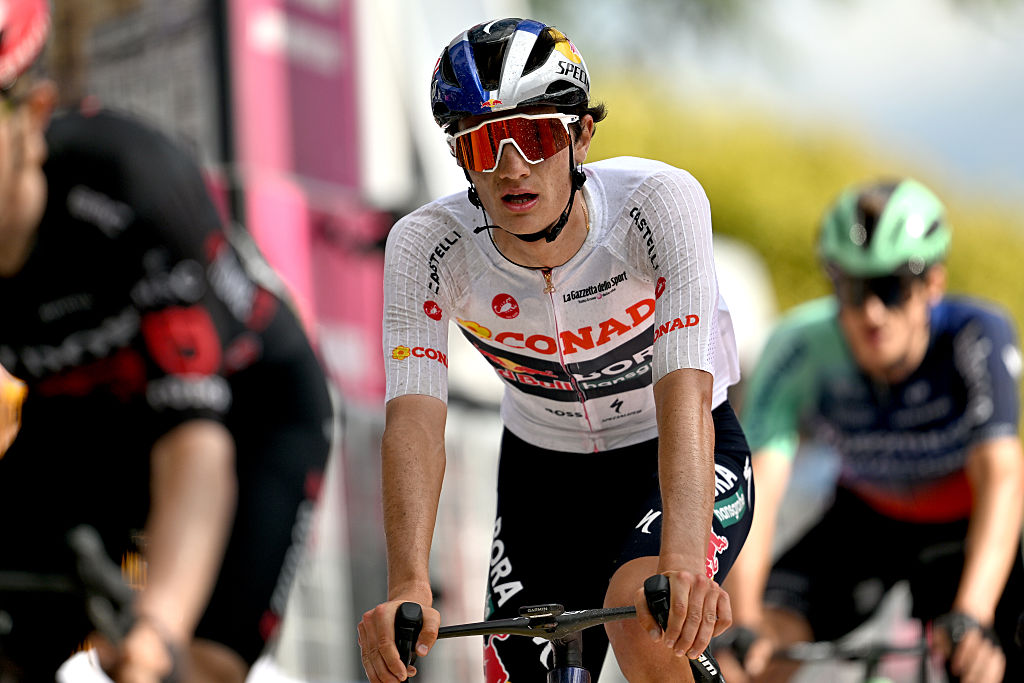FERMO, ITALY - MAY 16: Giulio Pellizzari of Italy and Team Red Bull - BORA - hansgrohe - White Best Young Rider Jersey crosses the finish line during the 109th Giro d&amp;apos;Italia 2026, Stage 8 a 156km stage from Chieti to Fermo 315m / #UCIWT / on May 16, 2026 in Fermo, Italy. (Photo by Dario Belingheri/Getty Images)