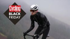 Male bike rider in waterproof jacket with Cycling Weekly Black Friday logo