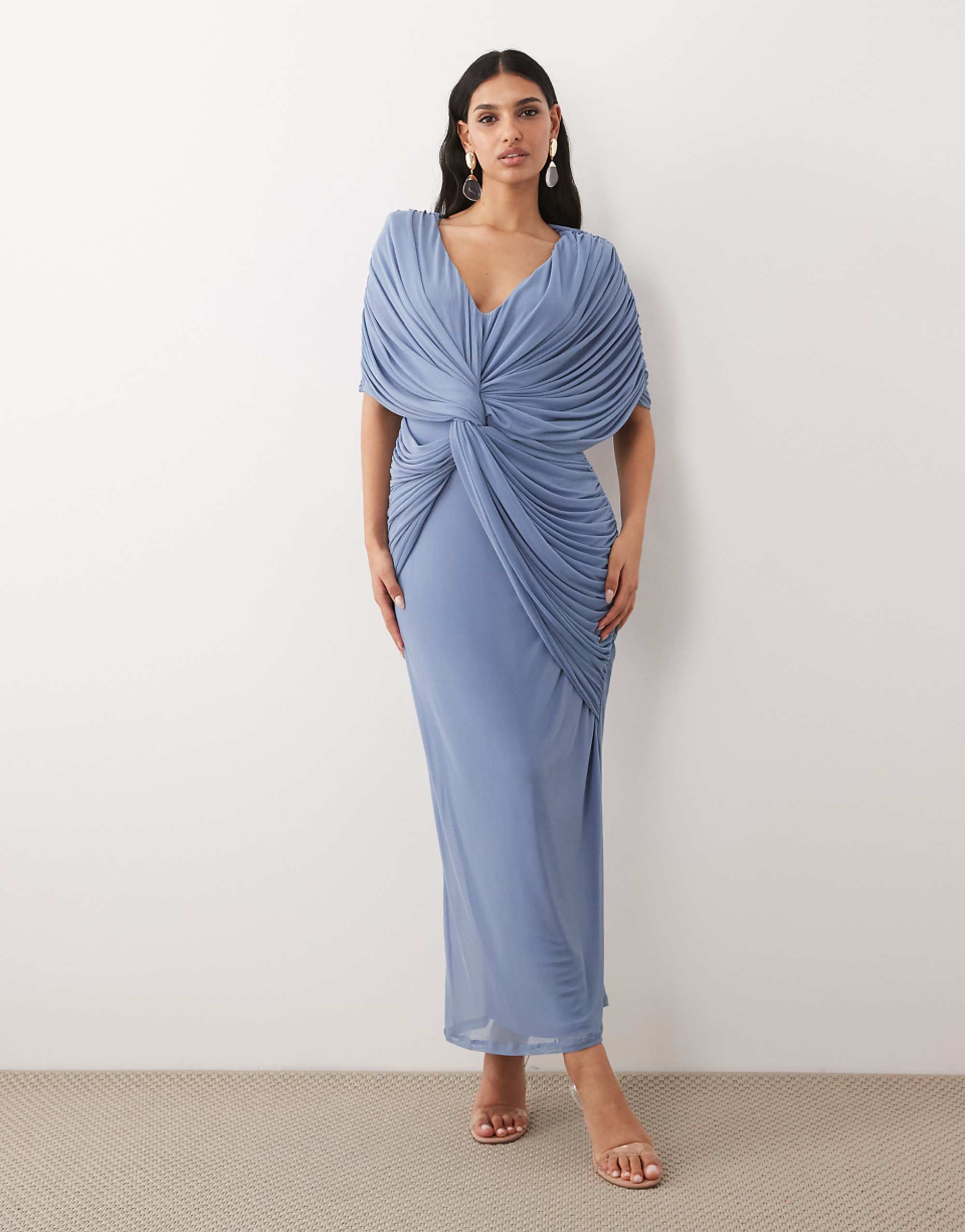 Asos Design Twist Plunge Cape Maxi Dress in Blue