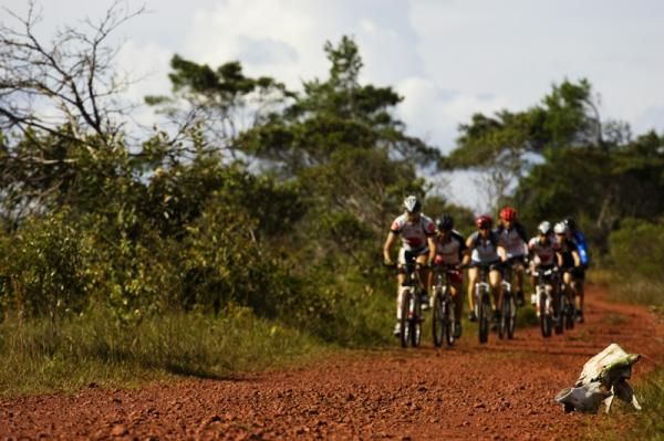 A posse of riders check out a dirt road section
