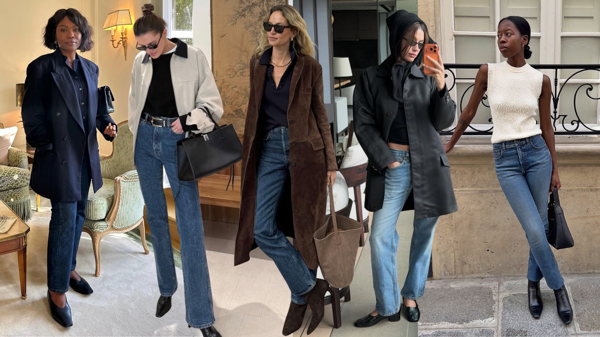 A collage of the best stovepipe jeans outfits, according to Who What Wear editors.