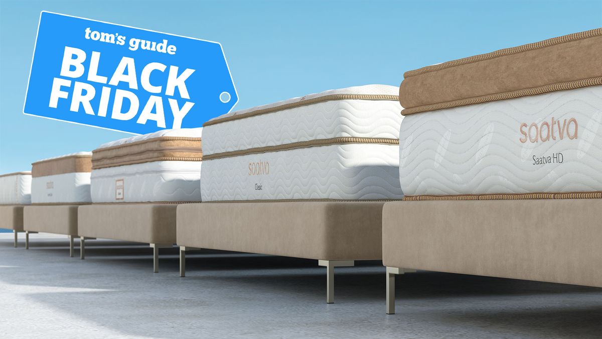 Lineup of Saatva mattresses on a sunny balcony by the sea, with Black Friday price flag overlaid