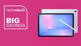 The Samsung Galaxy Tab S10 FE on a pink background with text saying Big Savings.