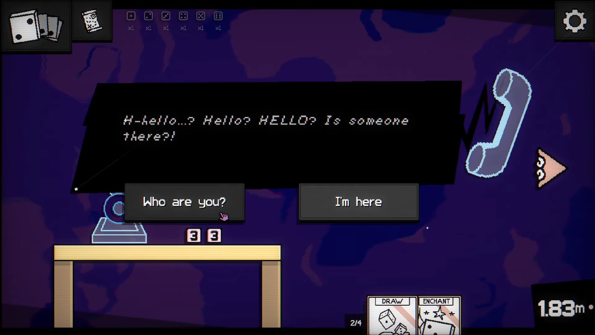 Dice a Million story screenshot with a dialog box that shows a mysterious phone call.