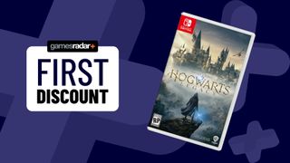 Hogwarts Legacy Nintendo Switch game on a dark blue background with first discount badge