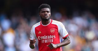 Arsenal star Thomas Partey during the Premier League match between Arsenal FC and Wolverhampton Wanderers at Emirates Stadium on May 28, 2023 in London, United Kingdom.
