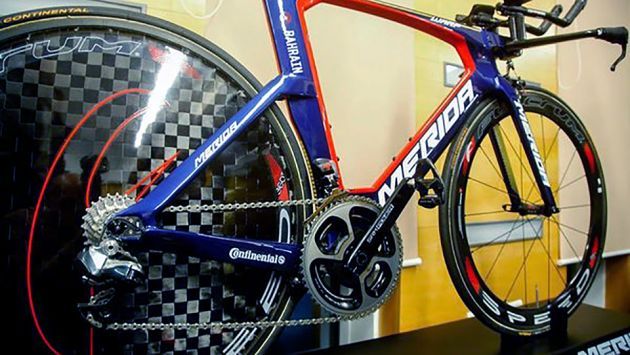 What appears to be the alloy version of the cranks fitted to the team&rsquo;s Merida Warp time trial bikes